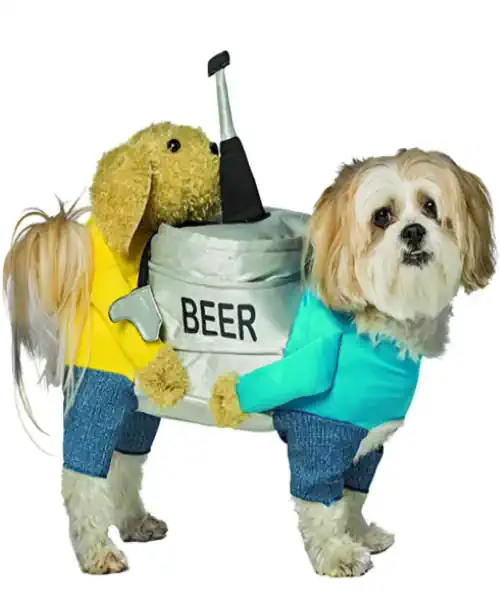 Dog wearing a beer keg dog costume