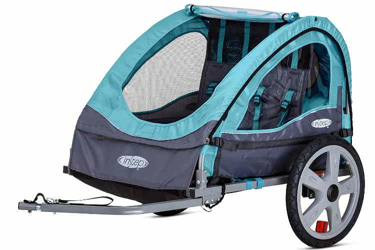blue bike trailer for pets, or small children