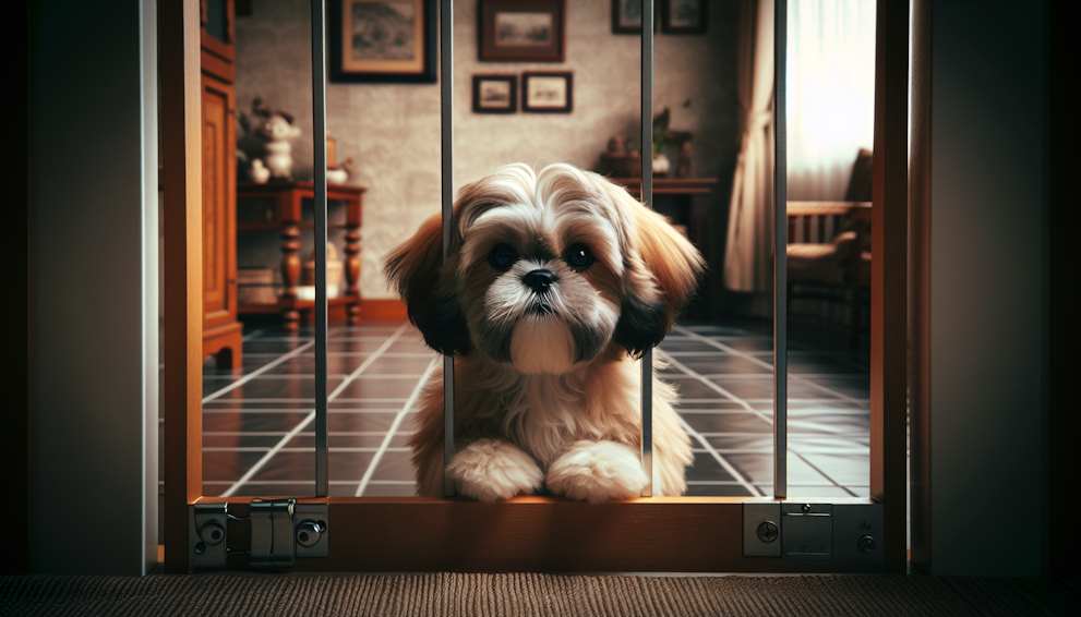 Make no go zones for your dog with a dog safety gate Shih Tzu dog behind a dog safety gate
