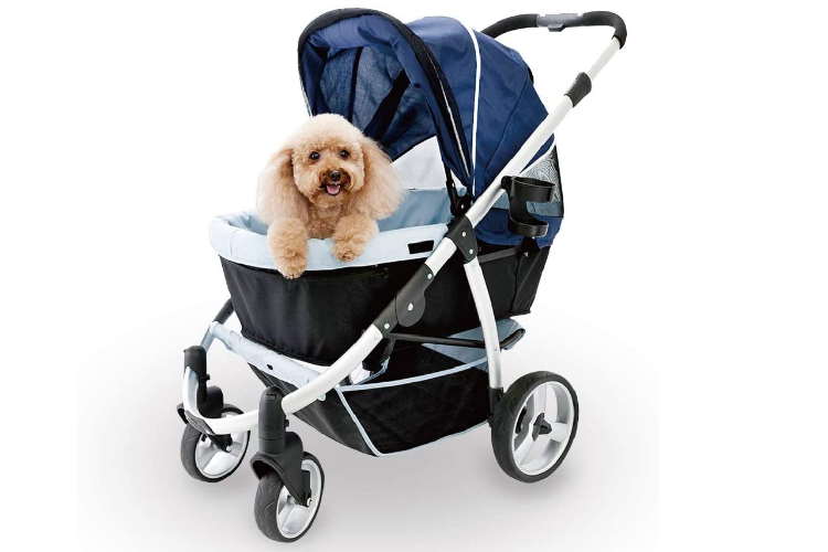Blue pet stroller with dog
