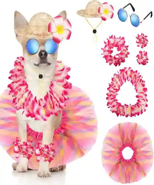 Dog wearing a Hawaiian dog costume