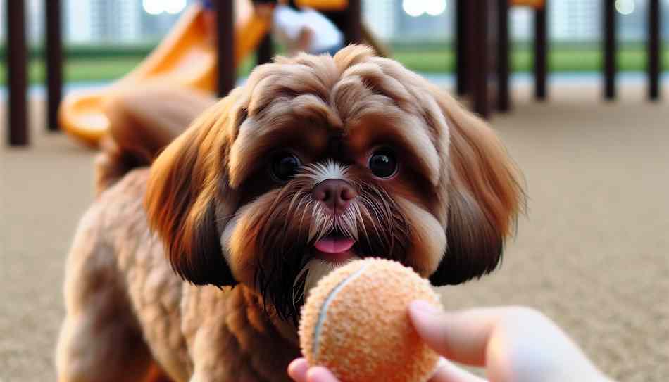 An AI liver and white Shih Tzu, with its brown nose and paw pads, gazes intently at a ball. Its coat is a mix of white and brown fur, showcasing the breed's distinctive liver coloration. Dark coated liver Shih Tzu