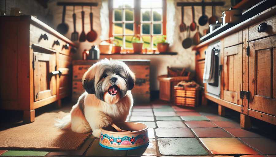 A Shih Tzu dog waiting for his human to fill his bowl with delicious and healthy freeze-dried dog food Shih Tzu dog waiting for his food