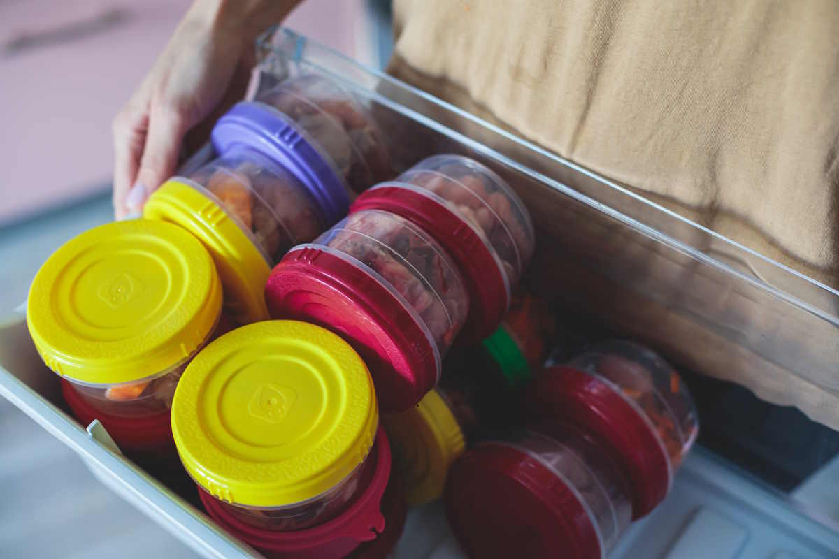 Homemade dog food can be stored by portion size Homemade dog food portioned in containers